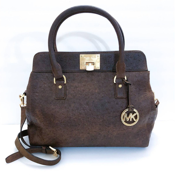 Michael Kors Astrid Mocha Ostrich Embossed Leather Large Satchel Bag - Picture 12 of 12